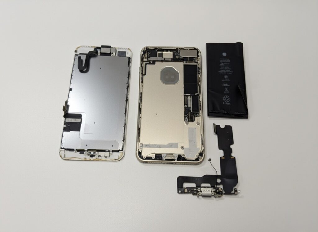iPhone7Plus画面バッテリー充電口を取り外した様子